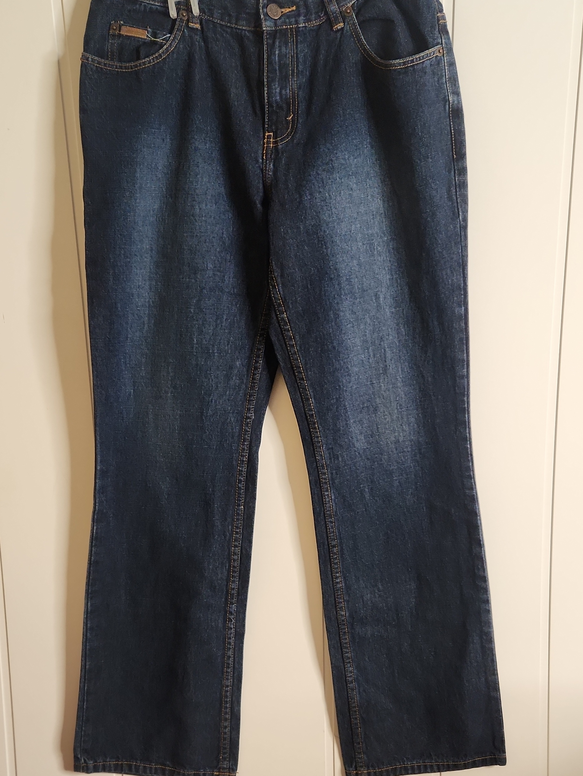 Vintage Y2k Bootcut Lowrise Denim Jeans In Dark Blue With Gold Stitching